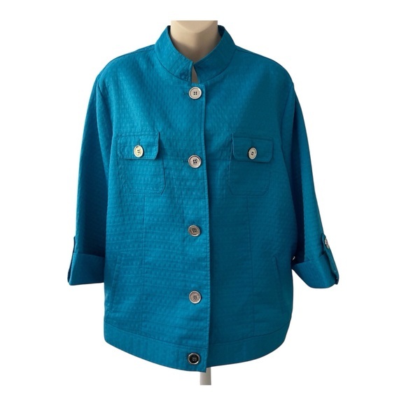 TanJay Jackets & Blazers - Tanjay Size 18 Blue Textured Button up Jacket, Roll-Tab Sleeves, Four Pockets